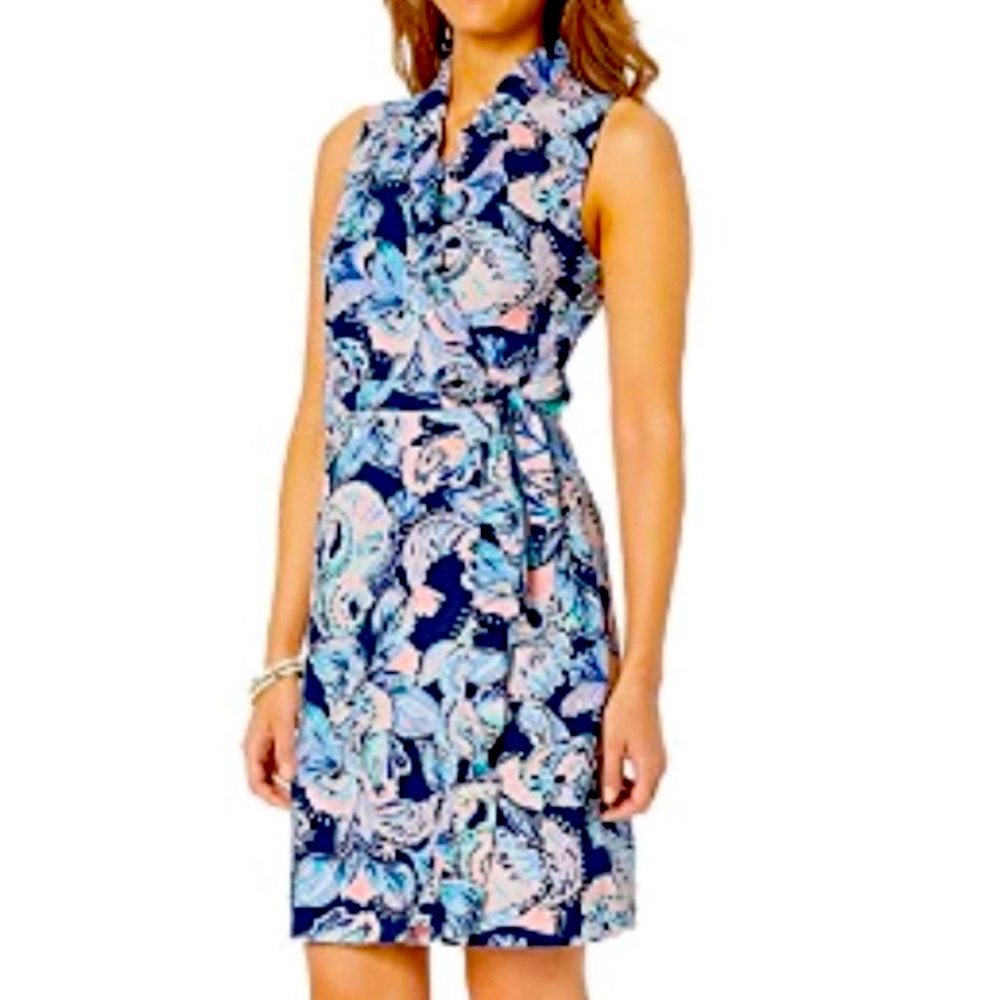 Lilly Pulitzer Romee Wrap Ruffle Dress Holy Flockamolie Blue Pink‎ Size XL